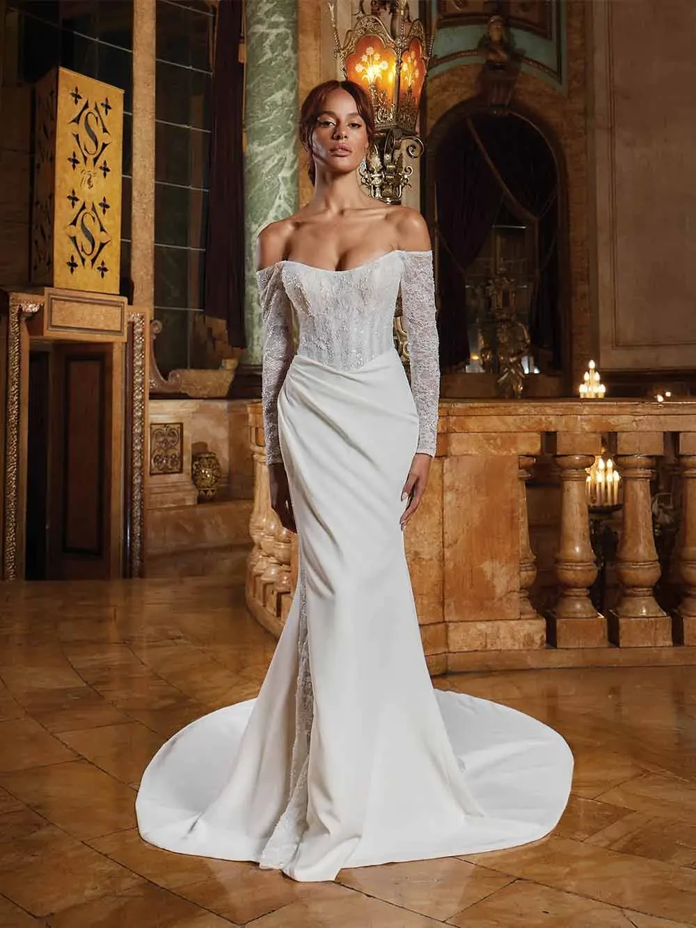 Model wearing a lace dress