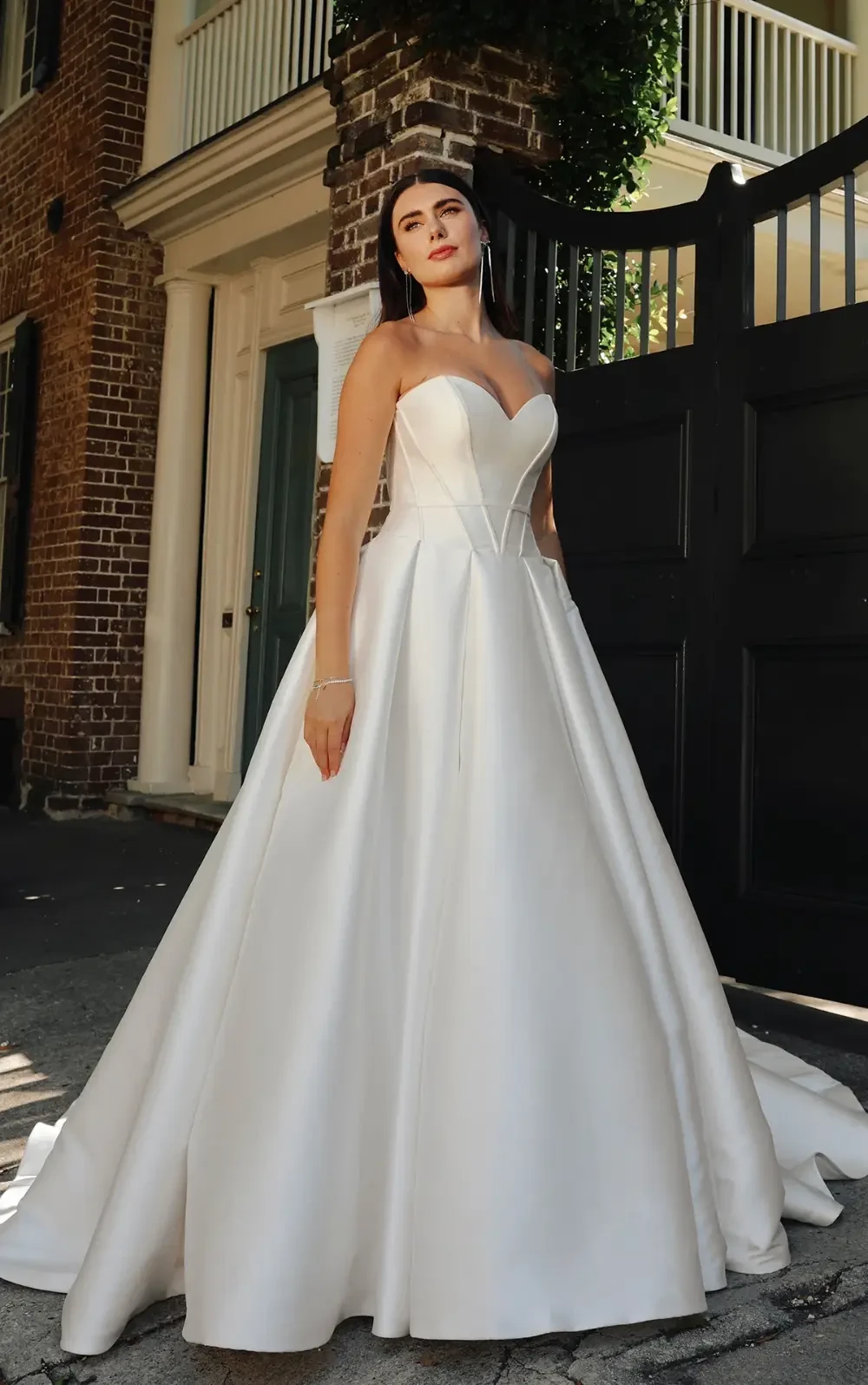 Model wearing a strapless dress